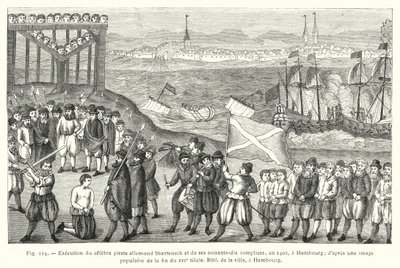 Execution of the famous German pirate Stoerteneck and his seventy accomplices, in 1402, in Hamburg; after a popular image from the late 16th century, City Library, Hamburg by French School