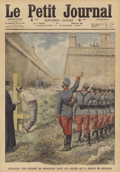 Execution of a participant in the uprisings in Barcelona in July 1909 in Monjuich Prison by French School