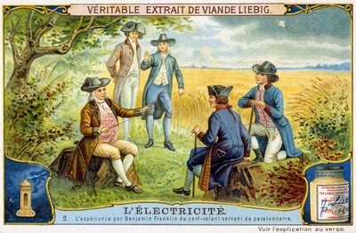 Experience by Benjamin Franklin of flying deer used as lightning rod - Liebig advertising sticker by French School