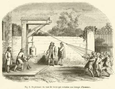 Experiment with the Glass Vase Dragging a Group of Men (engraving) by French School