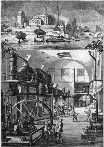 Exterior view and main workshops of the large sugar refinery Les Recollets, owned by Mr. Cedard in Nantes in 1864. Engraving in "Le Monde Illustré" n°380 of July 23, 1864 by French School