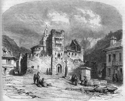 Exterior view of the church of Saint Andre (church of the Templars), fortified in the 14th century. Luz-Saint-Sauveur, Hautes Pyrenees (65) by French School