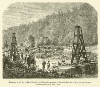 Oil Extraction, Woodford and Philipp Wells, Pennsylvania (engraving) by French School