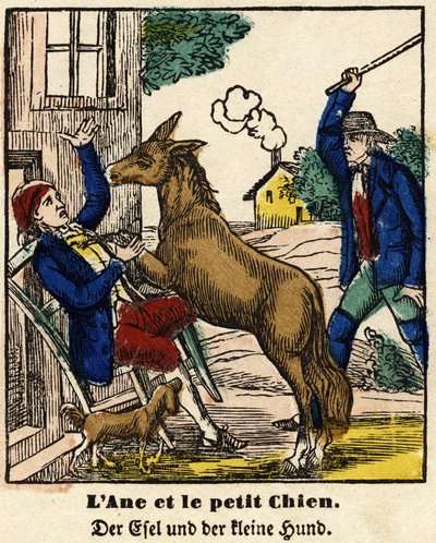 Fables of La Fontaine: The Donkey and the Little Dog. Image of Epinal, first half of the 19th century by French School