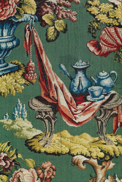 Fabric depicting a chocolate pot and a teapot, Lyon Workshop by French School