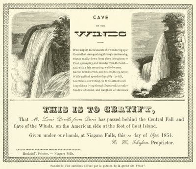 Facsimile of a certificate issued by the guardian of the Cave of the Winds by French School