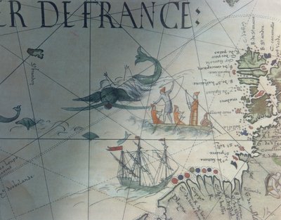 Facsimile of Whaling and Isle of Saint Brandon, detail from a portolan map by Pierre Desceliers, 1546, published in Monuments de la Geographie by Edme Francois Jomard by French School