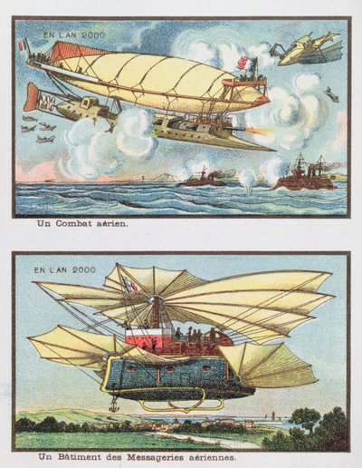 Fantasy depictions of an air battle and of an aircraft for transporting freight in the year 2000, c.1910 by French School