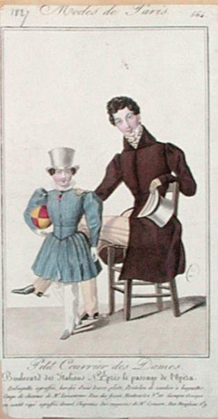 Fashion plate depicting outfits for a father and his son, advertisement for the Petit Courrier des Dames by French School