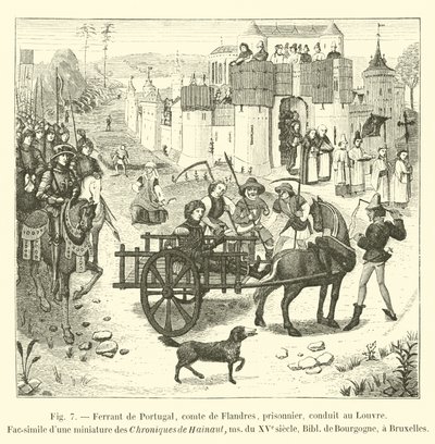 Ferrant of Portugal, Count of Flanders, prisoner, led to the Louvre, Facsimile of a miniature from the Chronicles of Hainaut, 15th century manuscript, Library of Burgundy, in Brussels by French School