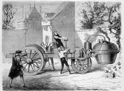 First steam car (the fardier) tried by the inventor Cugnot, inside the Arsenal, Paris by French School