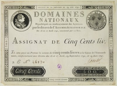 Five hundred livres banknote, 19th June 1791 by French School