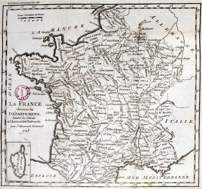 France divided into 84 departments following the decrees of the National Assembly of 1793 by French School