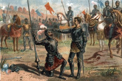 Francis I of France requesting to be knighted by the Chevalier Bayard after victory at the Battle of Marignano, Italy by French School
