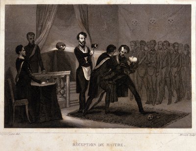 Freemasonry: reception and initiation rite of the Master. Engraving from 