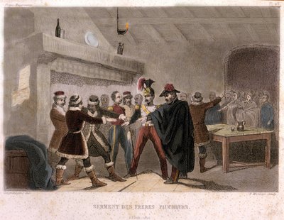 Freemasonry: the oath of the brothers reapers in Potok in 1821. Engraving from 