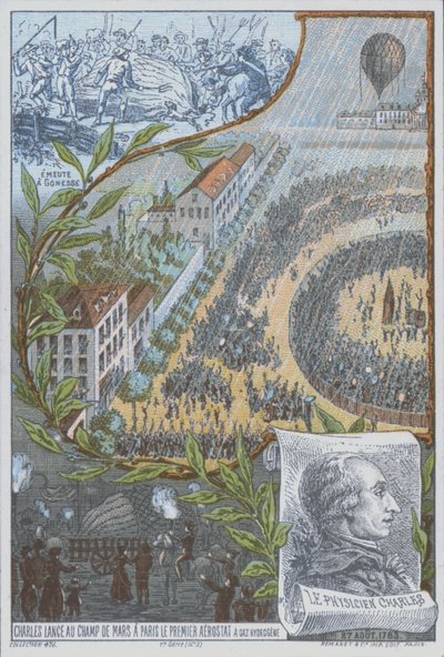 French balloonist Jacques Charles launching the first hydrogen balloon from the Champ de Mars, Paris, 27 August by French School