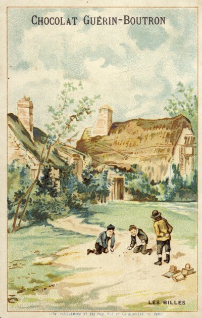 French Children Playing Marbles Outside Cottage by French School