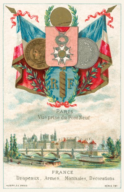 French Flags, Arms, Coins and Decorations and a View of Paris from the Pont Neuf by French School
