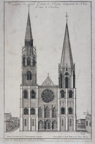Frontispiece of the large portal of the Church Cathedral of Notre Dame at Chartres, designed on site by Saint Vincent Geographer Engineer, sd. 19th century by French School