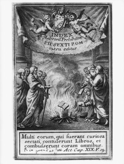 Frontispiece of Index Librorum Prohibitorum depicting an auto da fe by French School
