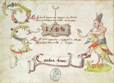 Frontispiece of Recueil de chants religieux et profanes II depicting a man playing a curved wind instrument, riding a bird, counter-tenor part, 1542 by French School