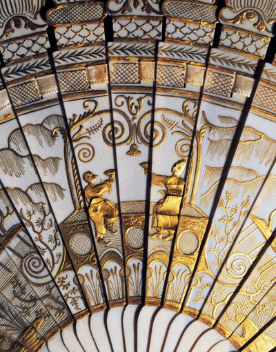 Full Rib Brise Hand Fan with Chinoiserie in Ivory, Gold Sequins and Ribbon and Silk Satin Piping by French School