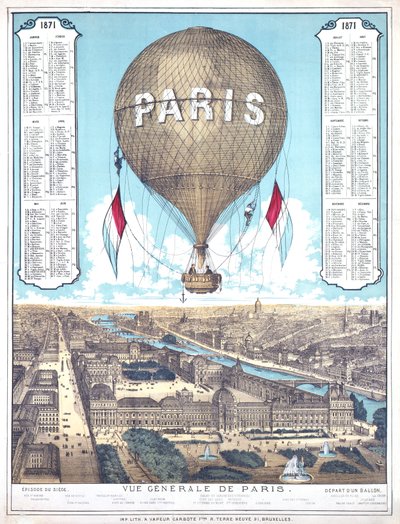 General View of Paris and list of balloon departure locations during the Paris Siege, 1871 by French School
