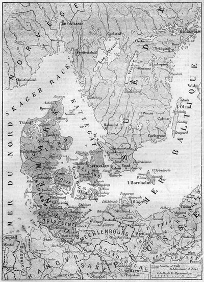 Geographic map of Denmark in 1861, with the Duchies of Schleswig, Holstein and Lauenburg (engraving in 
