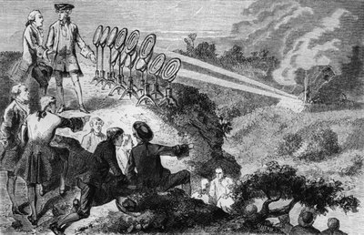Georges-Louis Leclerc Count de Buffon experimenting blazing mirrors on haystacks at Montbard, from La Vie des Savants Illustres by Louis Figuier, published in Paris by French School