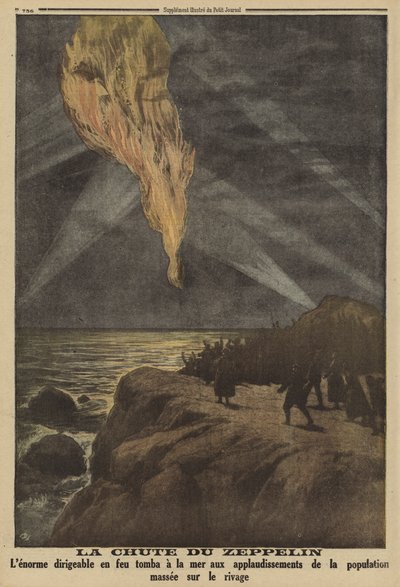 German Zeppelin Shot Down in Flames by Anti-Aircraft Fire and Crashing into the Sea, World War I by French School