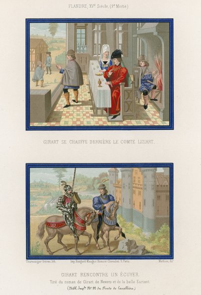 Girart sits by a fire behind Count Liziart and Girart meets a squire by French School