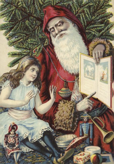 Girl being shown illustrated book by Father Christmas by French School