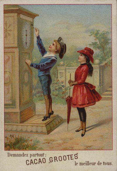 Girl Watching a Boy Adjusting a Clock by French School