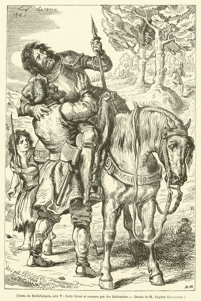 Goetz of Berlichingen, Act V, Goetz Wounded and Assisted by Bohemians (engraving) by French School