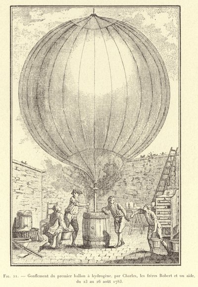 Inflation of the First Hydrogen Balloon by Charles, the Robert Brothers, and an Assistant, August 23-26, 1783 (engraving) by French School