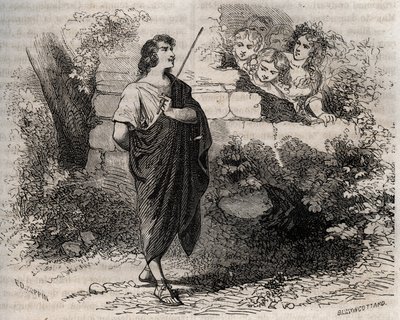 Greek mythology: Bacchis and his friends try to seduce Gyges who refuses and remains faithful to his deceased wife. Engraving from 1871 in Histoire Des Cocuses Celebres by Henry de Kock (1819-1892) by French School