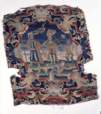 Gros Point and Petit Point Seat Cover of Three Eastern European Figures and Birds, Mid-18th Century (detail) by French School