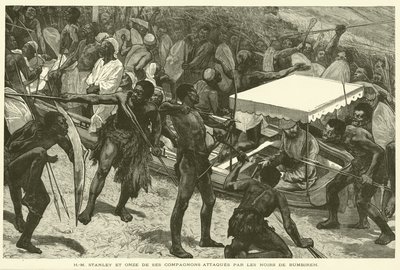 H.M. Stanley and Eleven of His Companions Attacked by the Blacks of Bumbireh (engraving) by French School
