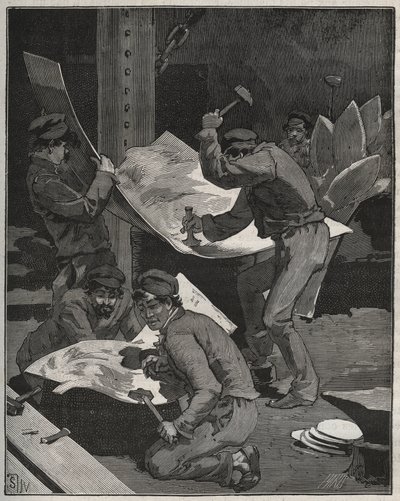 Hammering and assembling pieces of the Statue of Liberty made by Frederic Auguste Bartholdi. Engraving from 1880 in 