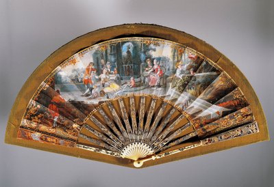 Hand Fan with Open-air Breakfast Scene, Painted Paper Fan, Pierced Ivory Guard Stick and Damascened with Gold and Silver by French School