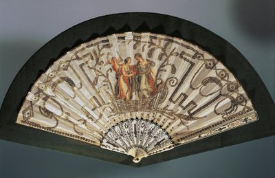 Hand Fan with Venus and Juno, Silk Leaf with Embroidery and Sequins, Silver-Damascened Pierced Bone Guard Stick by French School