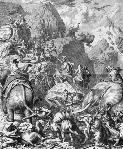 Hannibal Crossing the Alps with Elephants to Arrive in Italy (II Punic War). Engraving of the 19th Century by French School