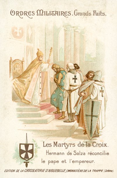 Hermann von Salza, Grand Master of the Teutonic Knights, brings about a reconciliation between Pope Gregory IX and Emperor Frederick II by French School