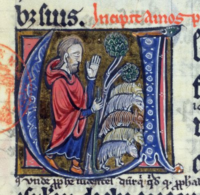 Historiated initial U depicting the prophet Amos guiding his flock, from a Latin Bible, 14th century by French School
