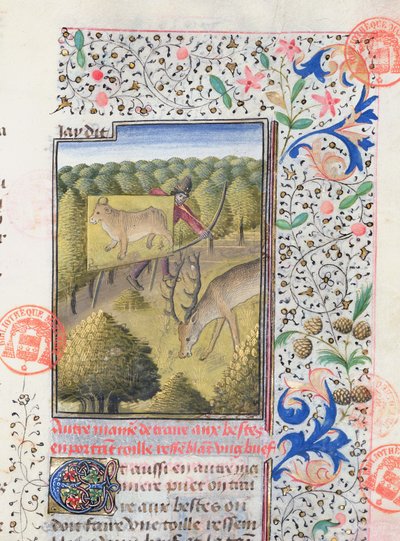 Huntsman Concealing Himself Behind a Decoy while Hunting a Stag, from the Livre de la Chasse by Gaston Phebus de Foix (1331-91) by French School