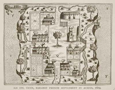 Ile Ste. Croix, the earliest French Settlement in Acadia, 1604, from Voyages by Samuel de Champlain, 1613 by French School