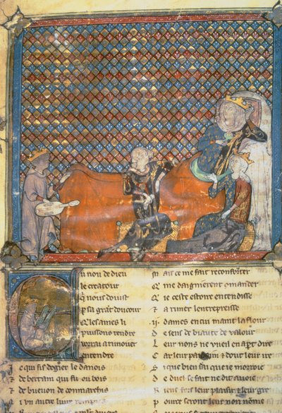 Illuminated page from an Anthology, showing from left to right, Adenet le Roi, a minstrel to Duke Henry; Count Guy of Flanders; Marie, Queen of France and wife of Philip the Bold (1342-1404) by French School