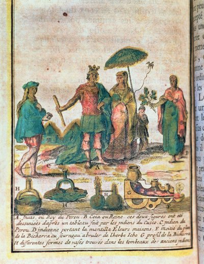 Illustration from a History of Peru Showing an Inca King and Queen with Indian Attendants and a Diagram of a Bicharra by French School