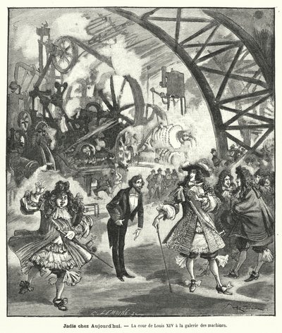 Imagined visit of King Louis XIV and his court to the Pavilion of Machines at the Exposition Universelle in Paris in 1889 by French School